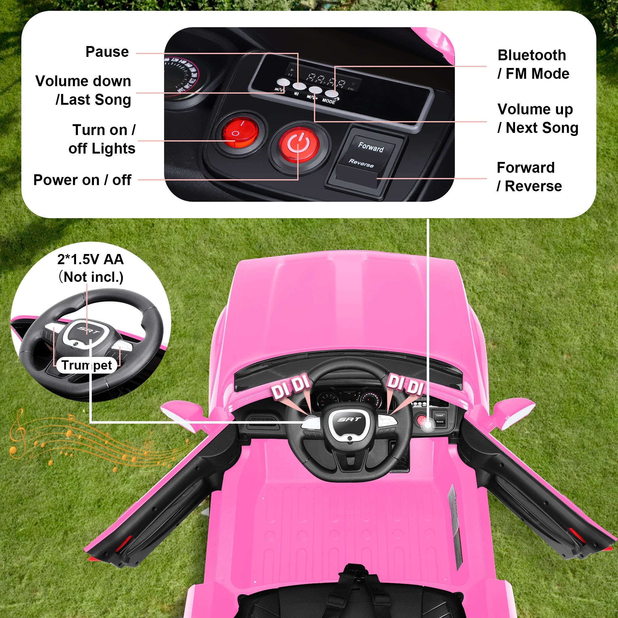 Dodge Challenger SRT Kids Ride on Car,Wisairt 12 V Battery Powered Electric Vehicle w/ Remote Control,Bluetooth,LED Lights(Pink)