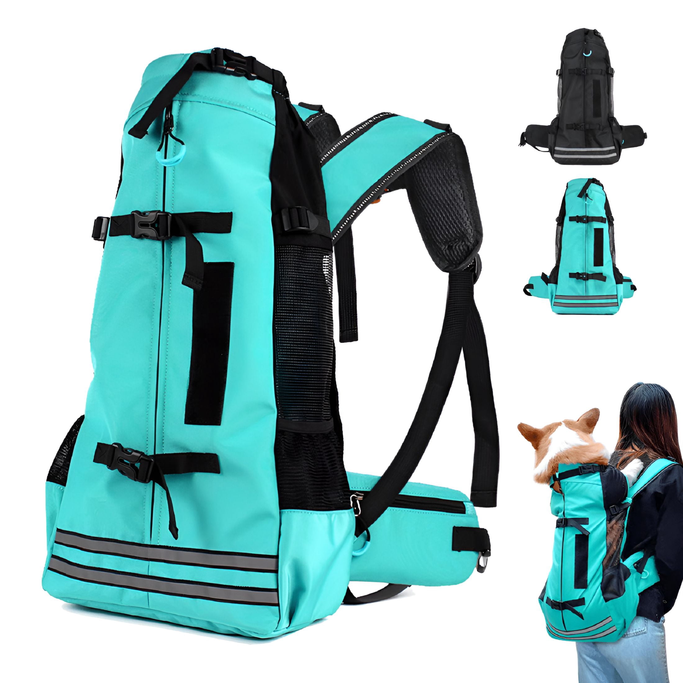 GASTROPOD Puppy Carrier Bag Reflective Breathable Pet Backpack for Corgi Bulldog Large Dogs Adjustable Outdoor Hiking Dog Travel Bag (Lake green, L)