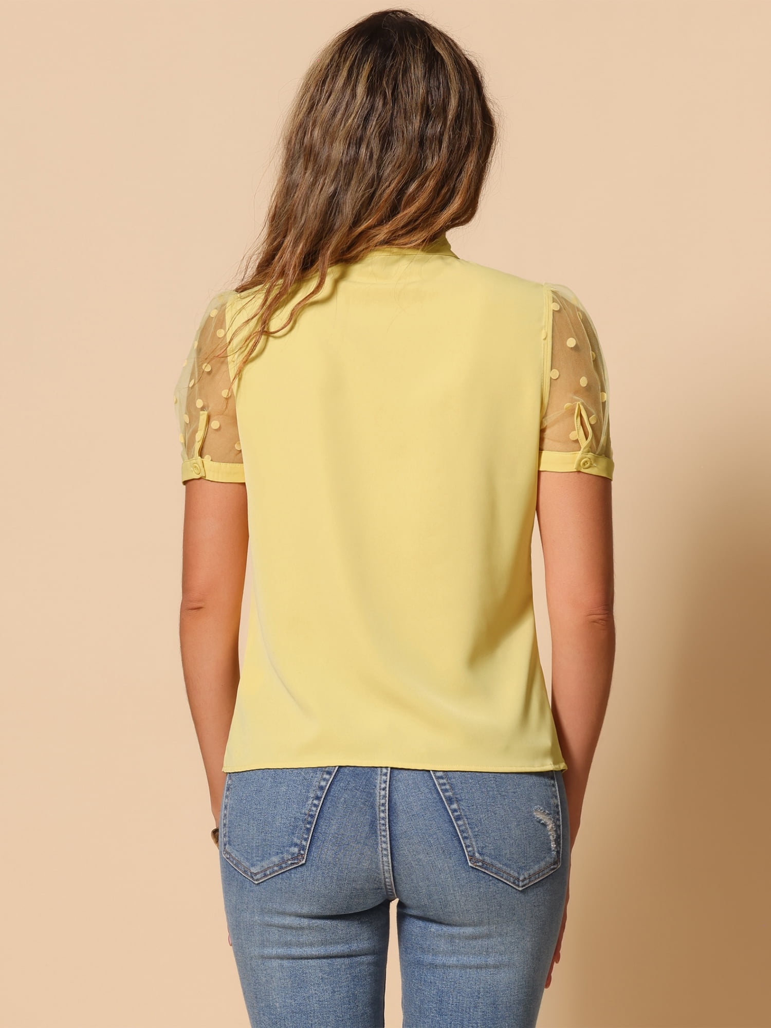 DARING DIVA  V Neck Stand Collar Short Sleeve Blouse L Yellow