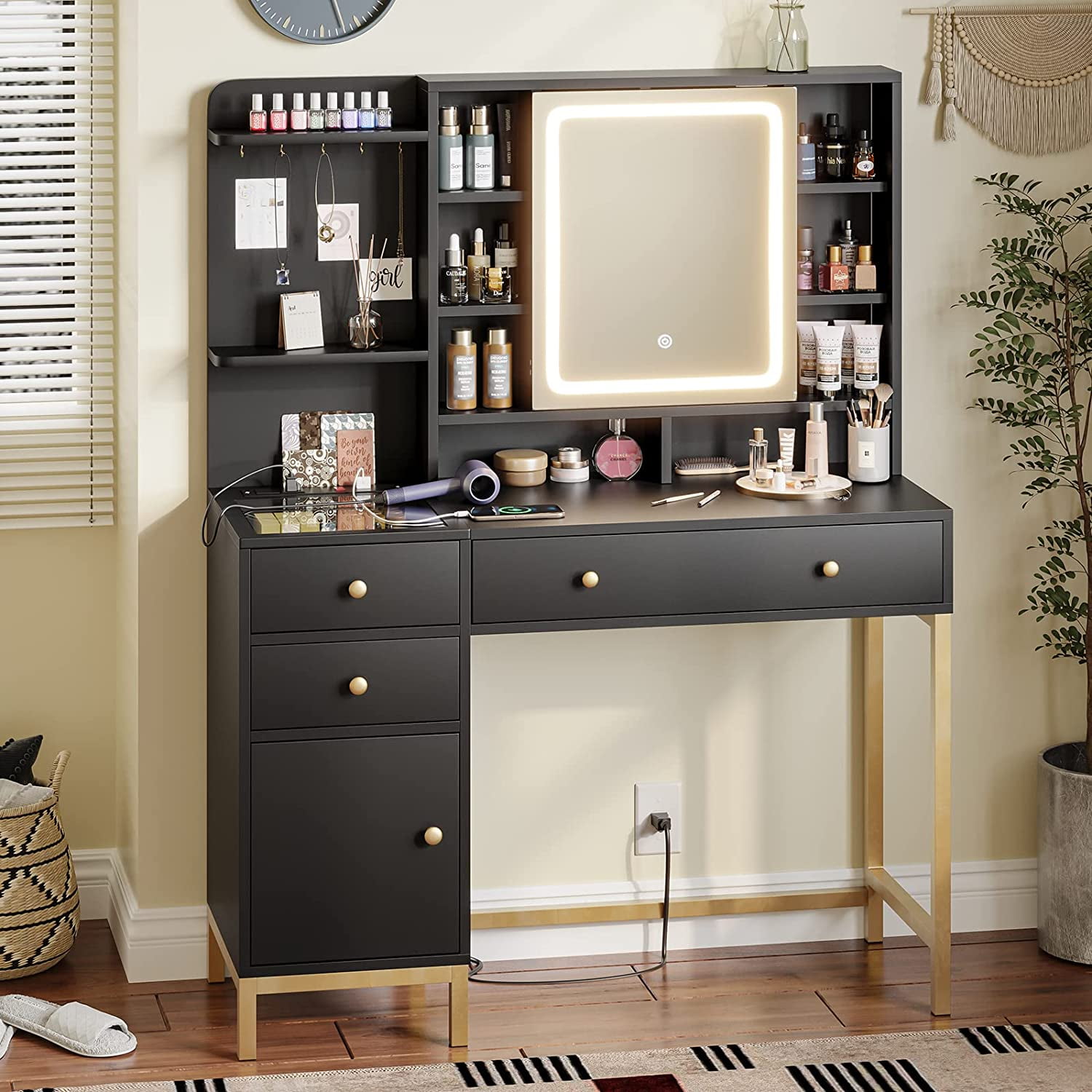 AOGLLATI Vanity Desk with Lighted Mirror in 3 Colors, Black Vanity
