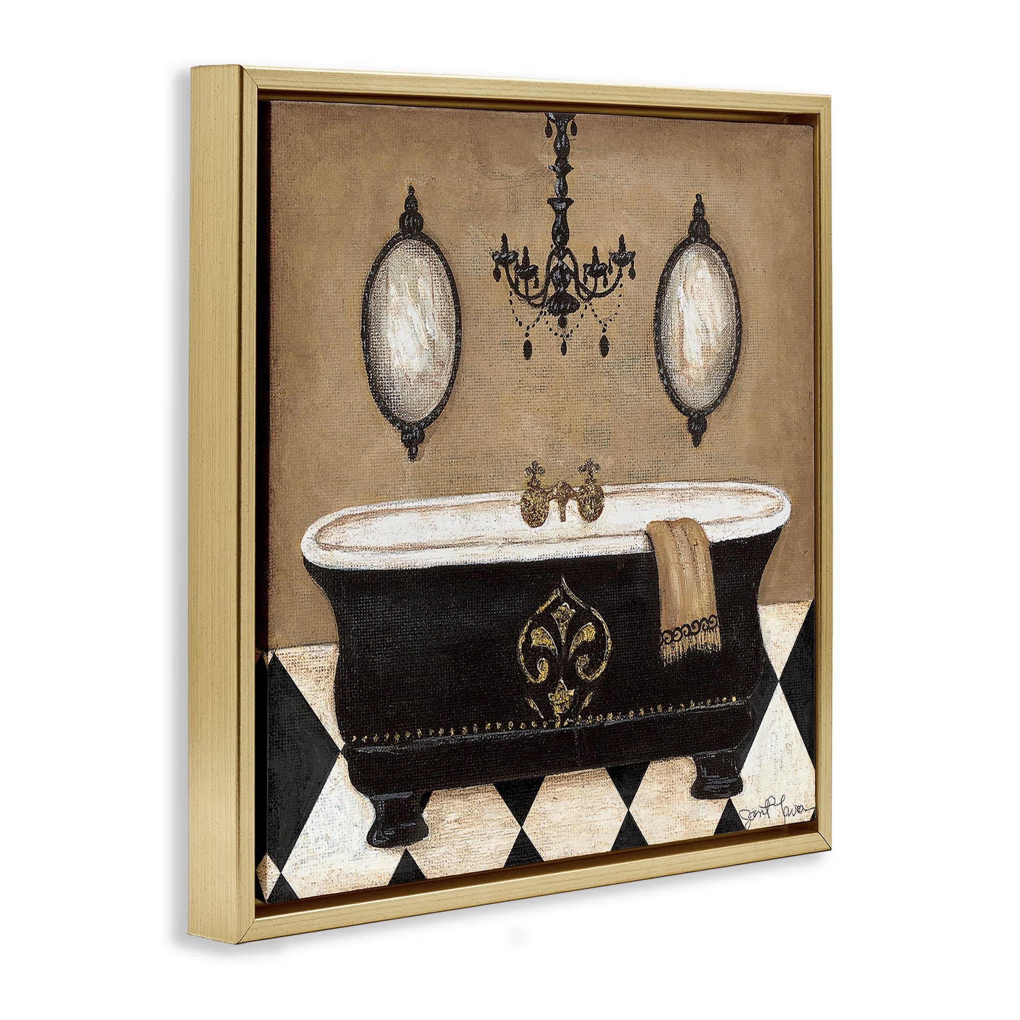 Stupell Industries Elegant Bathtub & Chandelier Gold Framed Floater Canvas Wall Art, design by Janet Tava