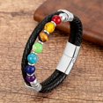 thumbnail image 4 of Pulsera de cuentas de chakra redondas naturales para hombre, clásica, de cuero genuino negro, de acero inoxidable, joyería de moda para mujer, 4 of 4