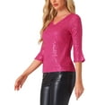 thumbnail image 4 of INSPIRE CHIC Sequin Top for Women's 3/4 Bell Sleeve V Neck Metallic Sparkly Glitter Party Blouse, 4 of 6
