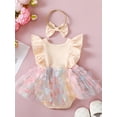 thumbnail image 3 of Argulvti Infant Baby Girls Summer Romper Dress with Bow Headband Cotton Flying Sleeve Floral Tulle Patchwork Leisure Jumpsuit, 3 of 9