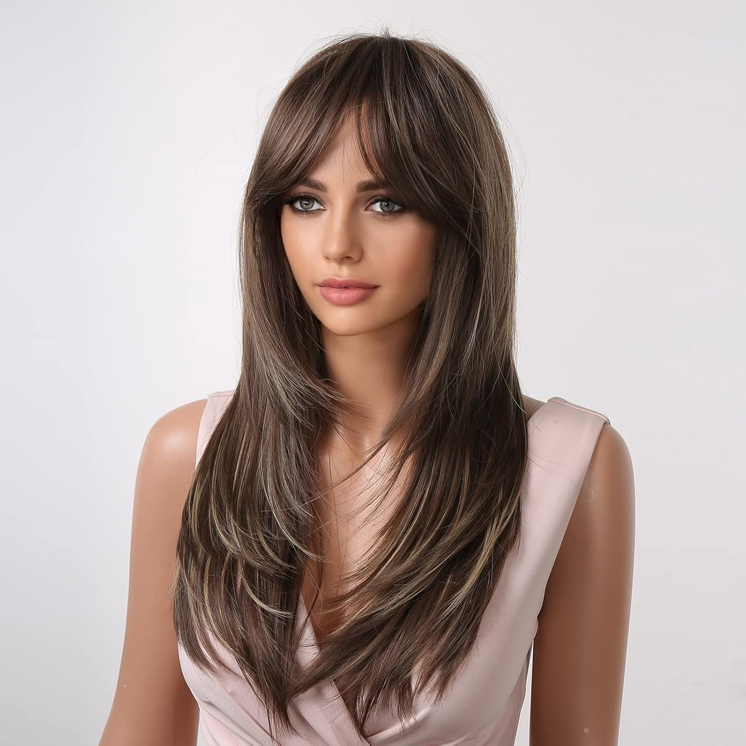 Sucs Long Layered Synthetic Hair Wigs for Women with Bang