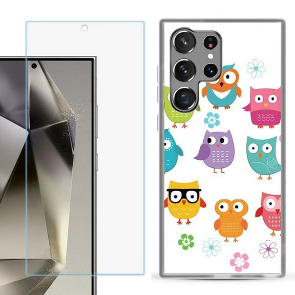 OneToughShield ® Compatible with Samsung Galaxy S24 Ultra, Shockproof Phone Case, with Tempered Glass Screen Protector - Happy Owl