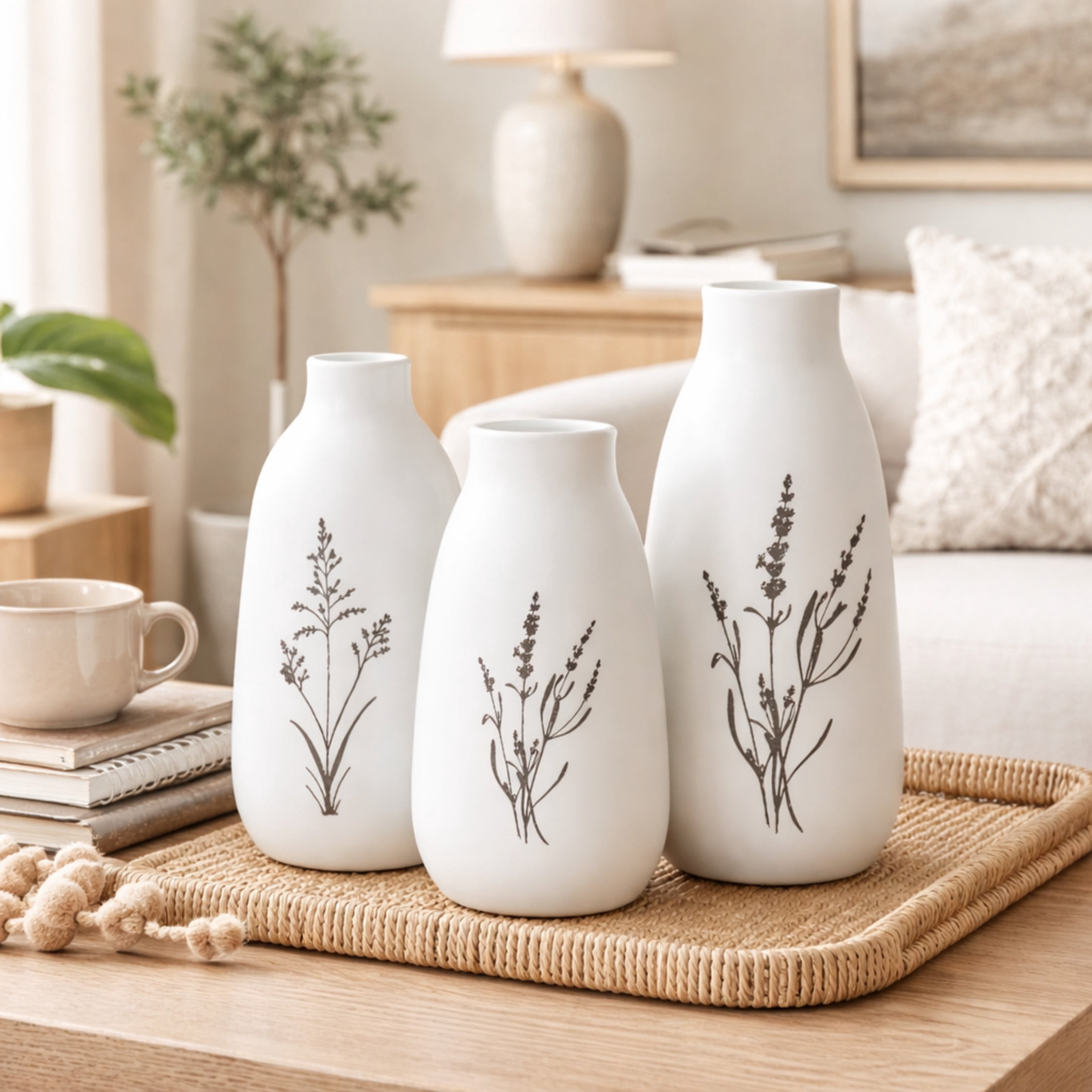 DecMode 13", 11", 12"H Floral White Ceramic Vase with Black Lavender Prints, Set of 3