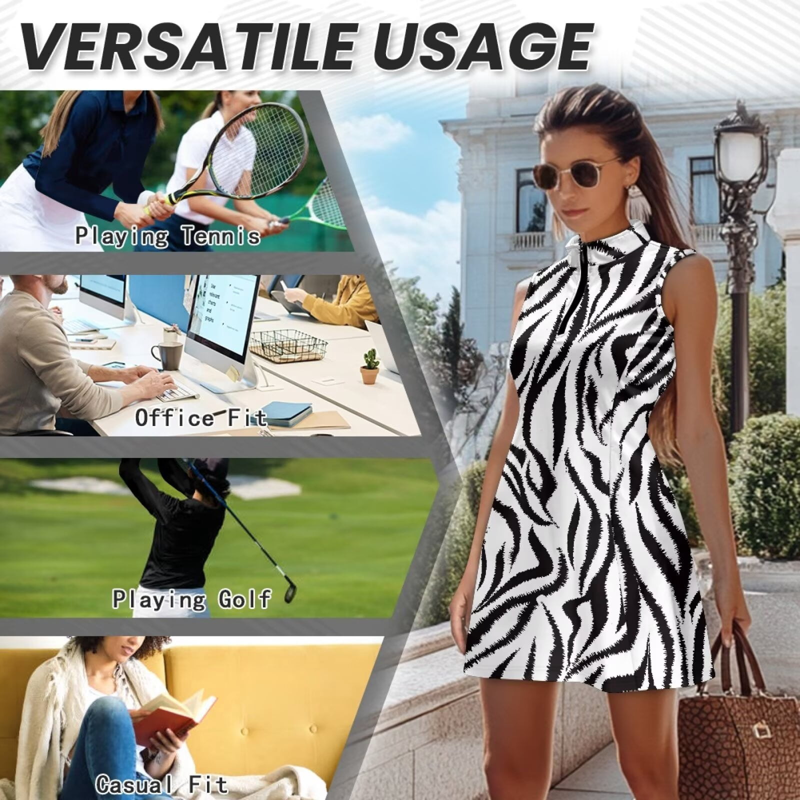 Yuyamidu Zebra Stripe Golf Dresses for Women Quick Dry Womens Athletic Clothing Sets Size M Sleeveless Workout Dress with Pockets Shorts Summer Clothes
