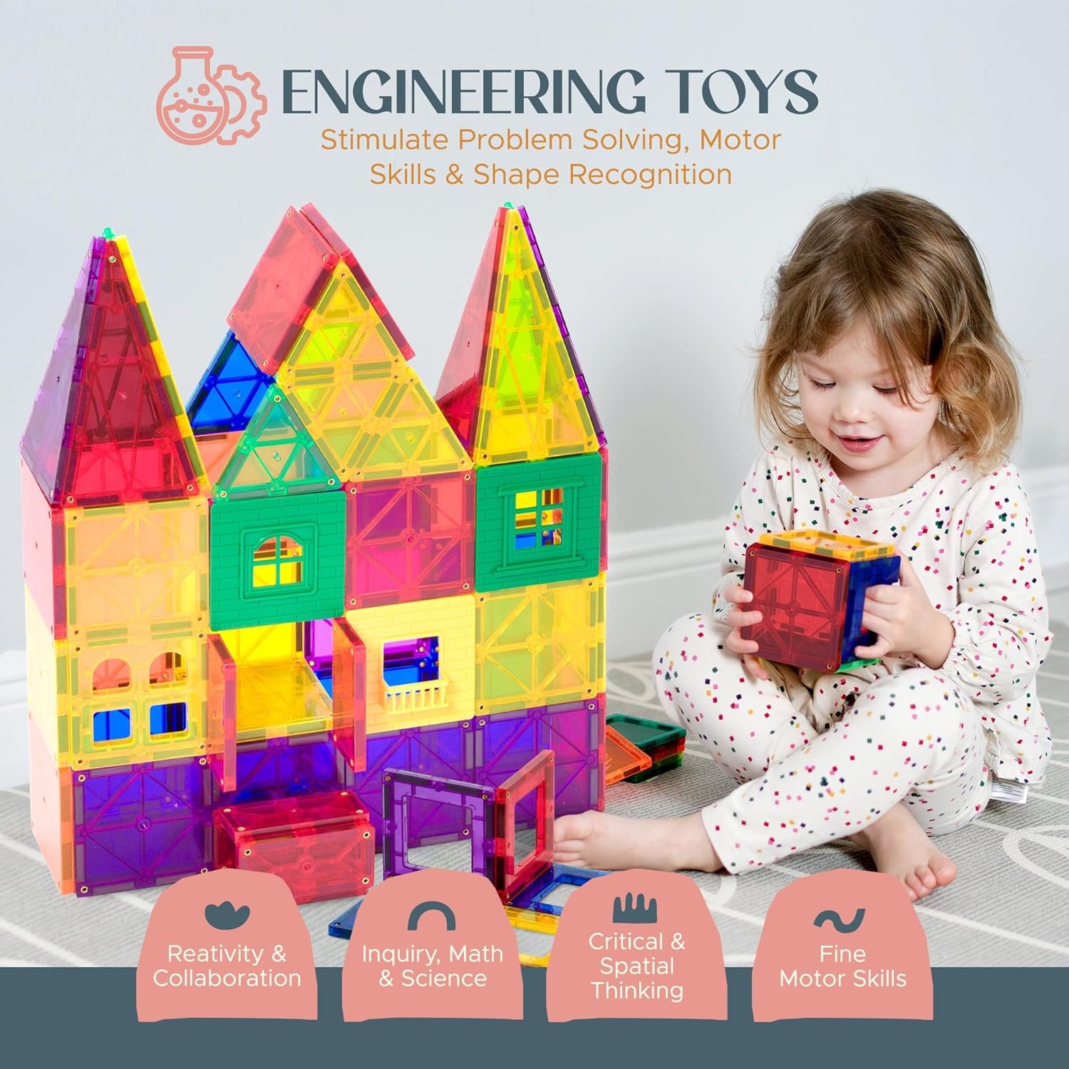 Playmags 100-Piece Magnetic Tiles Building Blocks Set, 3D Magnet Tiles for Kids Boys Girls, Educational STEM Toys for Toddlers - image 5 of 7