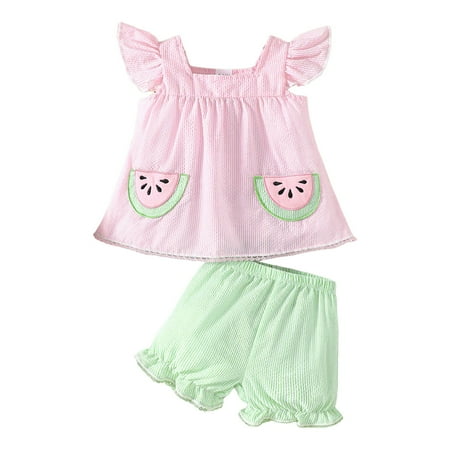 Rrunsv Baby Girl Clothes Ruffle Sleeveless Watermelon Pattern Tank Top Ruffle Shorts Cute Summer Outfits Clothes for Girls Pink 12-18 Months