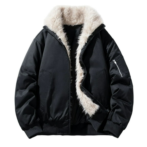 Men's Sherpa Lined Winter Coat Furry Collar Warm Down Coat Full Zipper Puffer Jacket with Ribbing Cuff Gray M