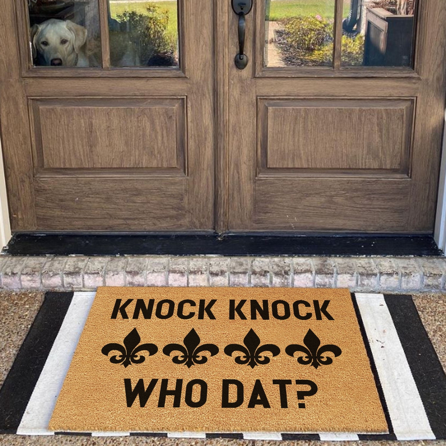 Funny Coir Doormat Knock Knock Who Dat Fleur de lis Welcome Front Porch Decor Doormat For The Entrance Way Indoor & Outdoor Personalized Rugs PVC Backing Non Slip Outdoor Coir Doormat 23.6 x 15.7inch
