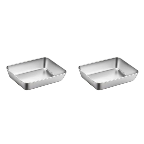 2 Pcs Stainless Steel Baking Pan 10x7.9 Inch, Heavy Duty Rectangular Sheet Cake Pan with Deep Edge, Toaster Oven Tray for Casserole, Barbecue & Cold Dish(A)