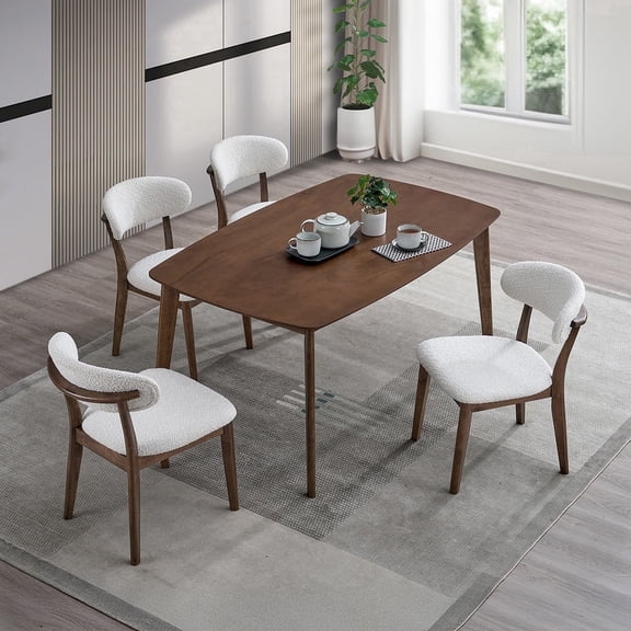 ACTU 5Pcs Wooden Dining Table Set with Upholstered Chairs, Walnut Color