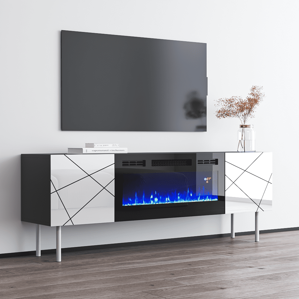London BL-EF Fireplace TV Stand for TVs up to 70", Modern High Gloss 63" Entertainment Center, Electric Fireplace TV Media Console with Storage Cabinets