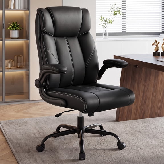 Daeorio Executive Leather Office Chair,Ergonomic Computer Desk Chair Rocking High Back 360°Swivel Flip-up Armrest Home Office Chair(Black)