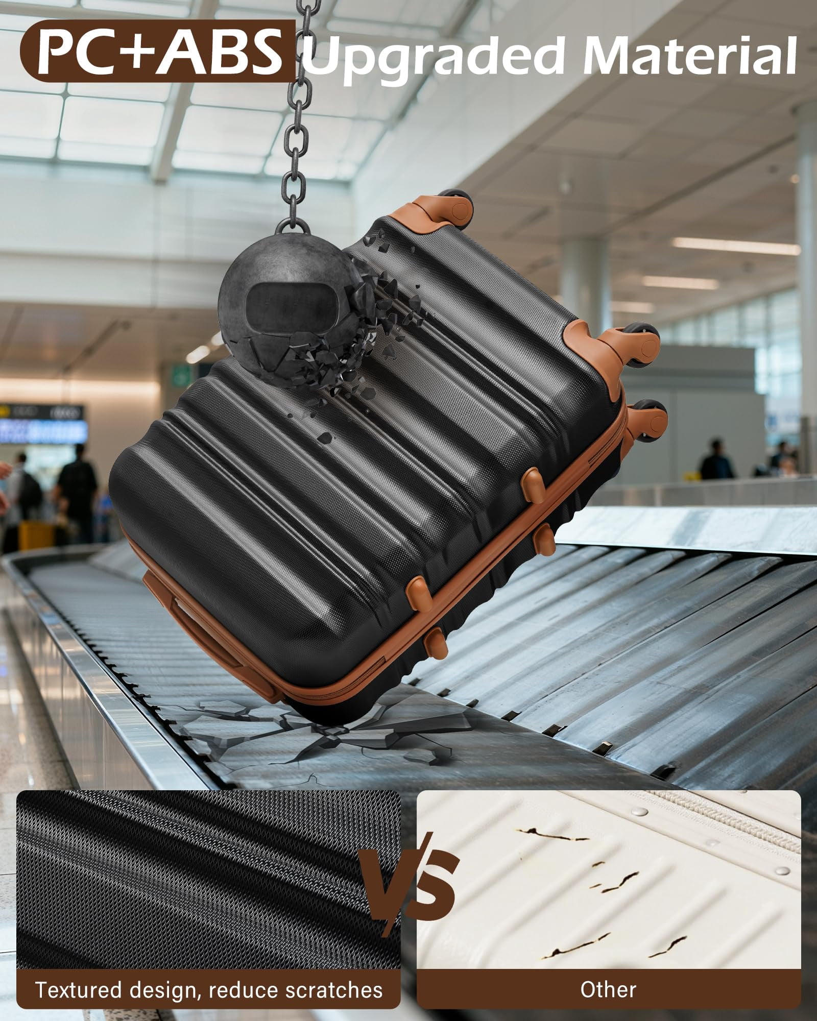 LONG VACATION Carry On Luggage Sets 3 Piece 20 Inch Suitcase Set, ABS+PC Hardshell Lightweight Travel Luggage with Spinner Wheels & YKK Zipper TSA Lock (BLACK-BROWN, 20 Inch)