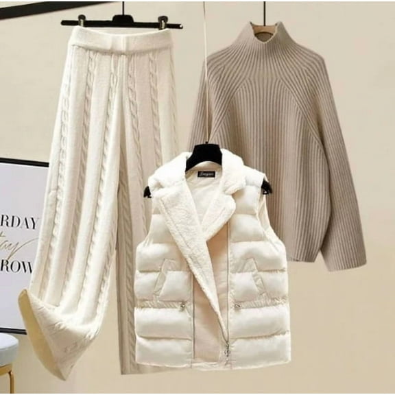 2025 New Women'S Thick Vest High-Neck Knitted Sweater And Wide-Leg Pants Three-Piece Set For Autumn And Winter
