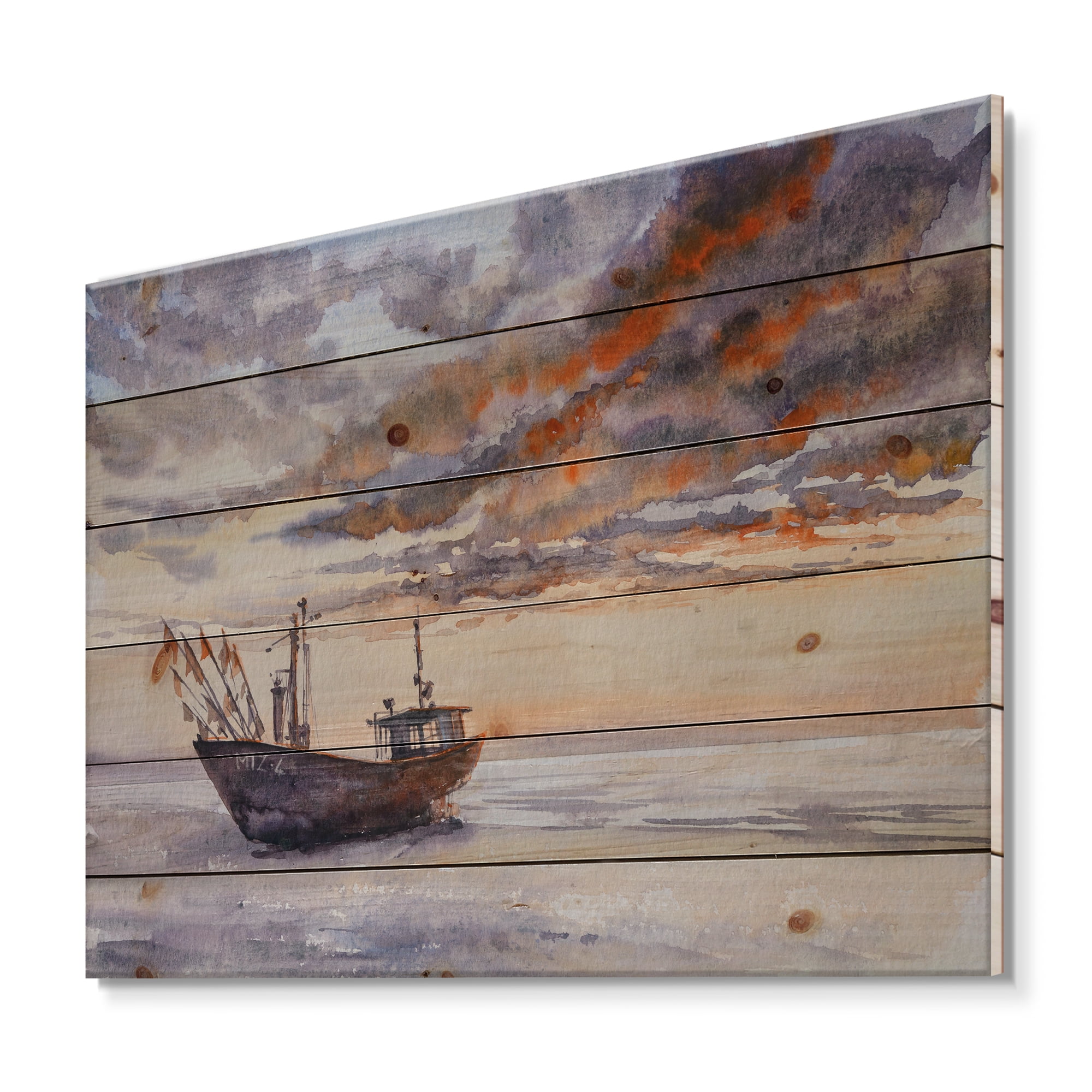 Designart 'Wooden Fishing Boat On The Baltic Shore With Evening Clouds' Nautical & Coastal Print on Natural Pine Wood