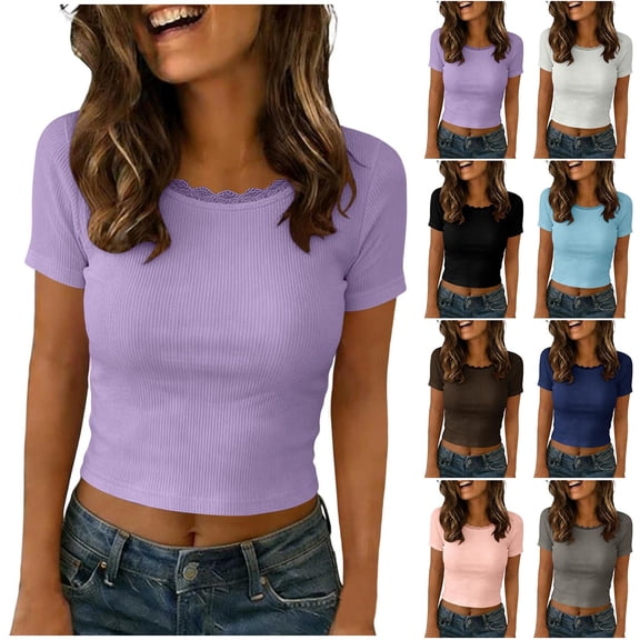 Naotn Ribbed Crop Tops for Women Summer Casual Solid Color Scalloped Lace Crewneck Short Sleeve Blouses Trendy Holiday Shirts