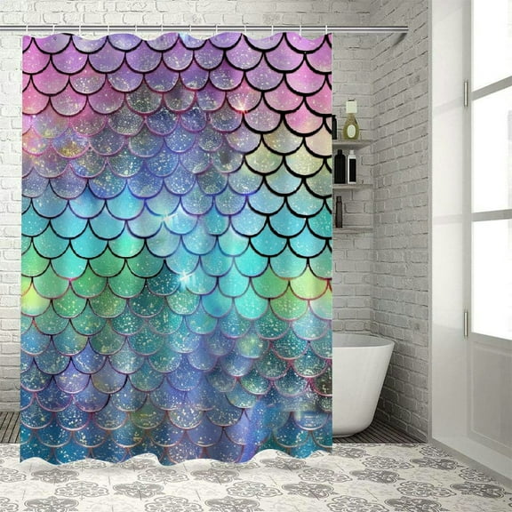 Orinice Mermaid Rainbow Kids Shower Curtain Sets with Rugs, Pink Bling Glitter Girls Bathroom Set with Shower Curtain and Rugs, Ocean Themed Bathroom Sets Decor for Women 36x72