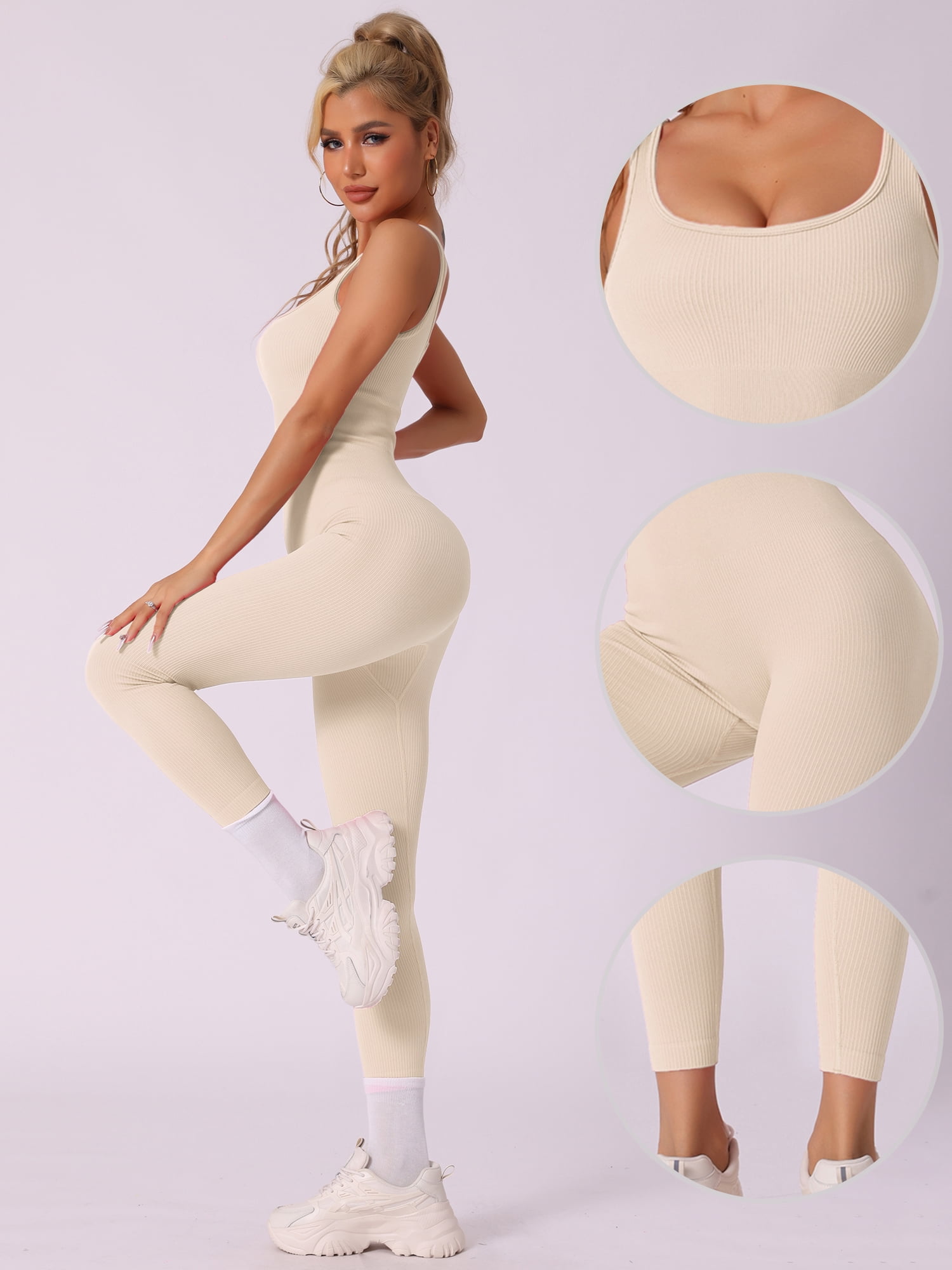 DARING DIVA U Neck Tummy Control Workout Sleeveless Bodysuit S Beige