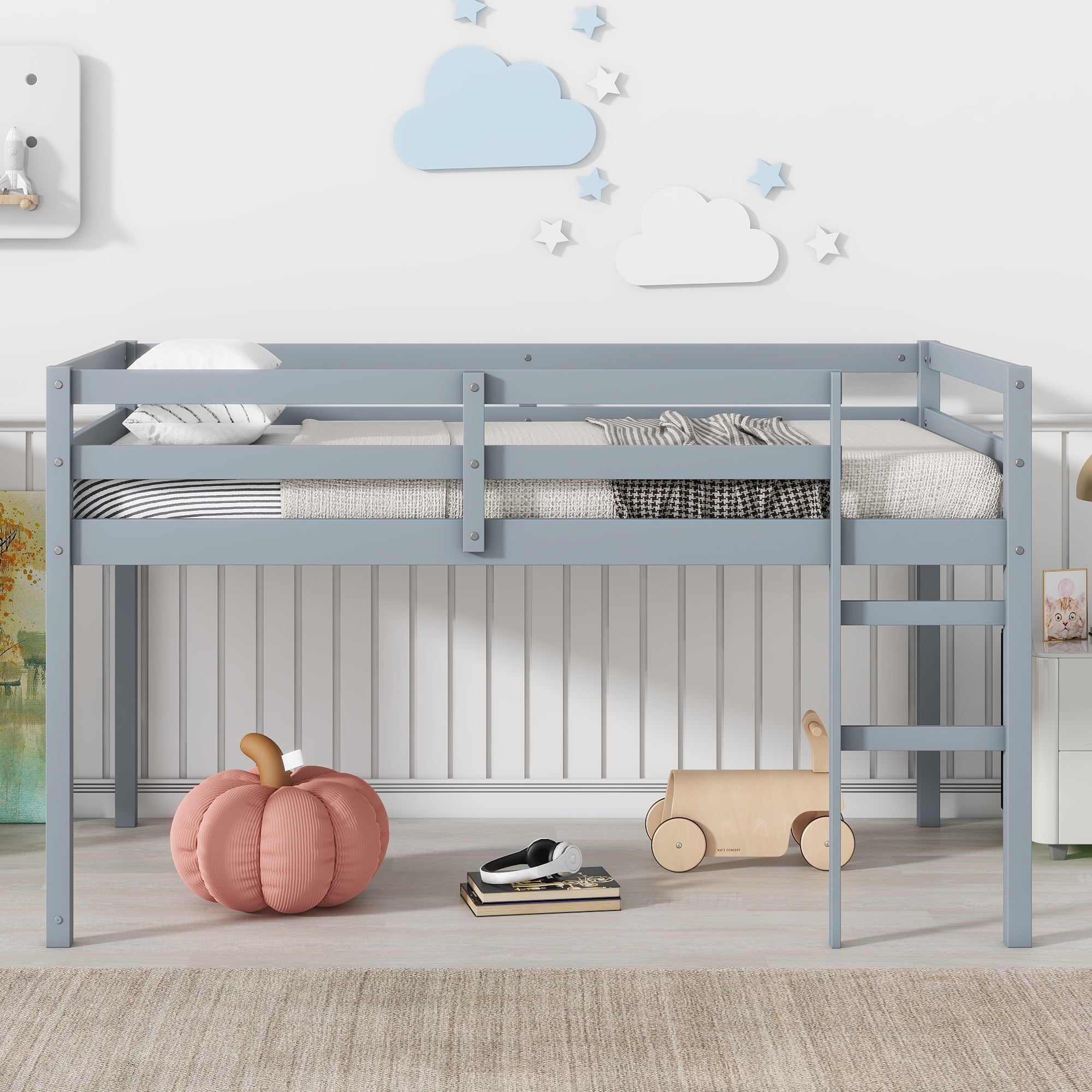 Sailvan Solid Wooden, Rubber Wooden Twin Loft Bed with Ladder, Bed Platform of Strengthened Slats