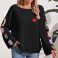 thumbnail image 2 of Fartey Women’s Heart Embroidered Sweater Fashion Floral Crochet Long Sleeve Sweaters Loose Fit Crew Neck Drop Shoulder Knitted Pullover Tops Black M, 2 of 7