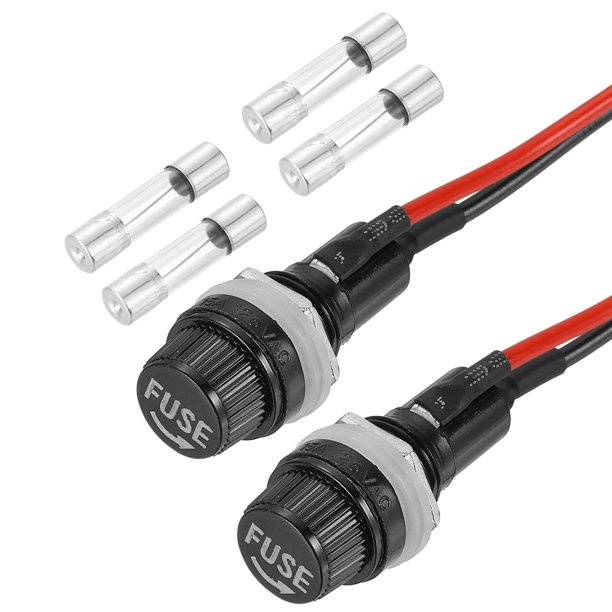 2 Pcs Portafusible de Montaje en Panel, 10/15A AC 125/250V 5 x 20mm Portafusibles de Terminal de Espiga con Capa de Tornillo y Cables Pre-soldados y Fusibles de Tubo de Vidrio de 8A