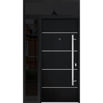 Front Exterior Prehung Steel Door / Deux 6083 Black Enamel / Side and Top Exterior Window Sidelite / Stainless Inserts Entry Metal Modern Painted W36 16" x H80 16" Left hand Inswing