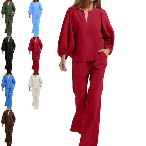 MLCDZ Elegant Cotton Linen 2 Piece Outfits for Women Long Puff Sleeve V Neck Blouse with Straight Leg Pants Business Casual Sets with Pockets