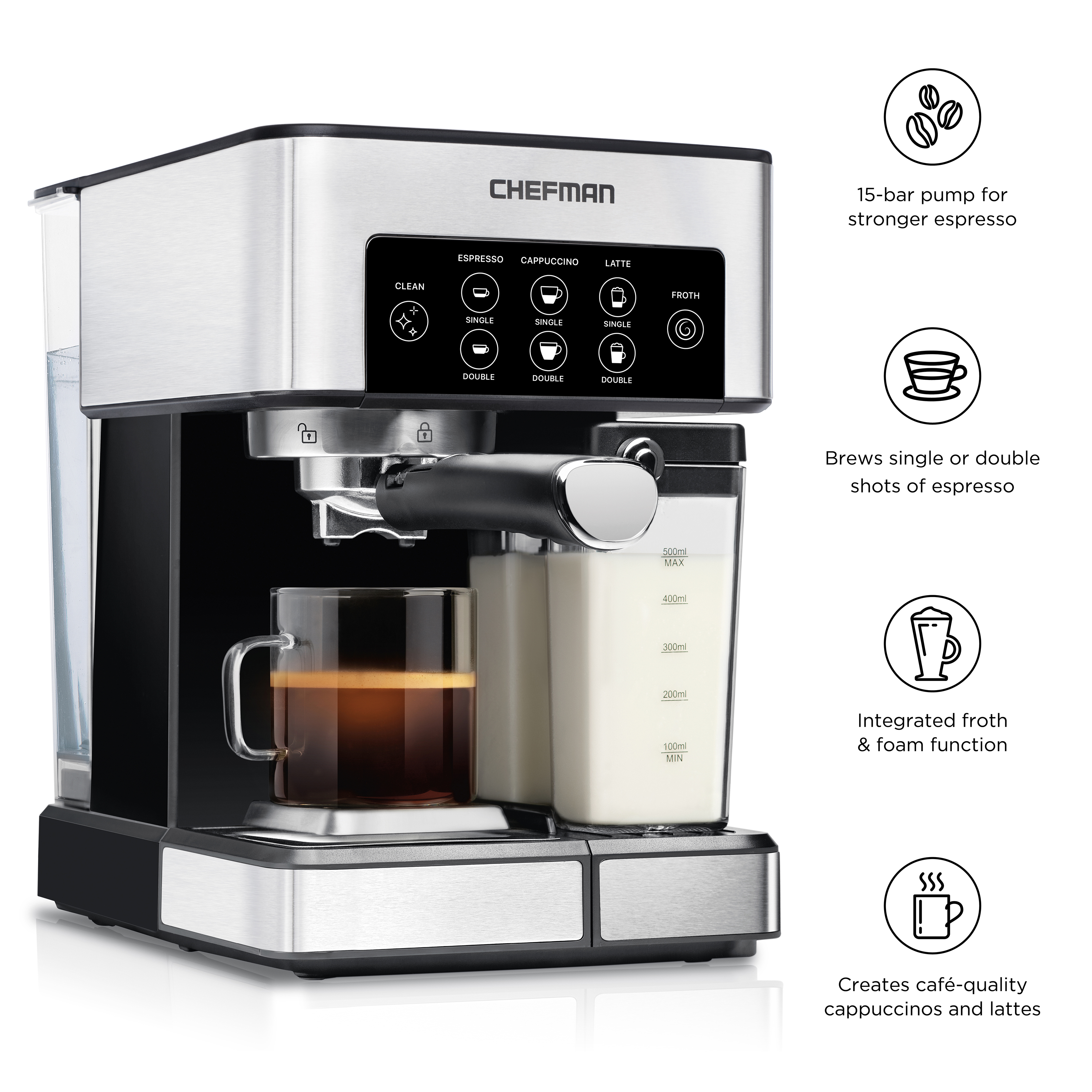 Chefman Barista Pro 6-in-1 Espresso Machine with Milk Frother, 15-BAR Pump, 1.8L Water Reservoir, Stainless Steel - image 3 of 9