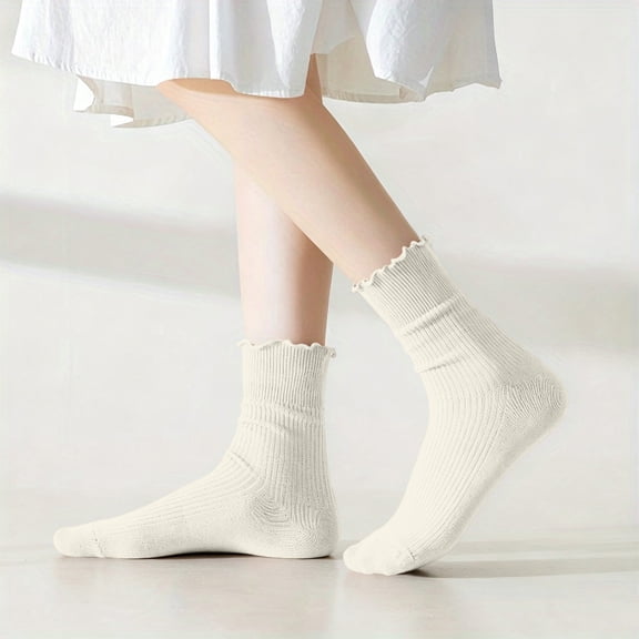 Tsivenald Cotton Socks for Women Ruffle Turn-Cuff Casual Crew Socks Breathable Cool Knit Cotton Lettuce Ankle Frilly Sock 1 Pack