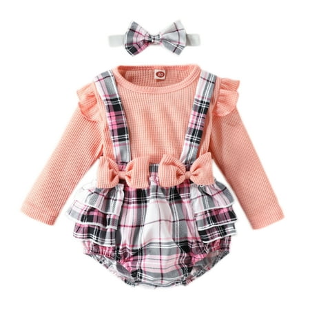 

Lovebay Baby Girl Ruffle Long Sleeve Waffle Knit Tops Suspender Plaid Bloomer Headband Outfits