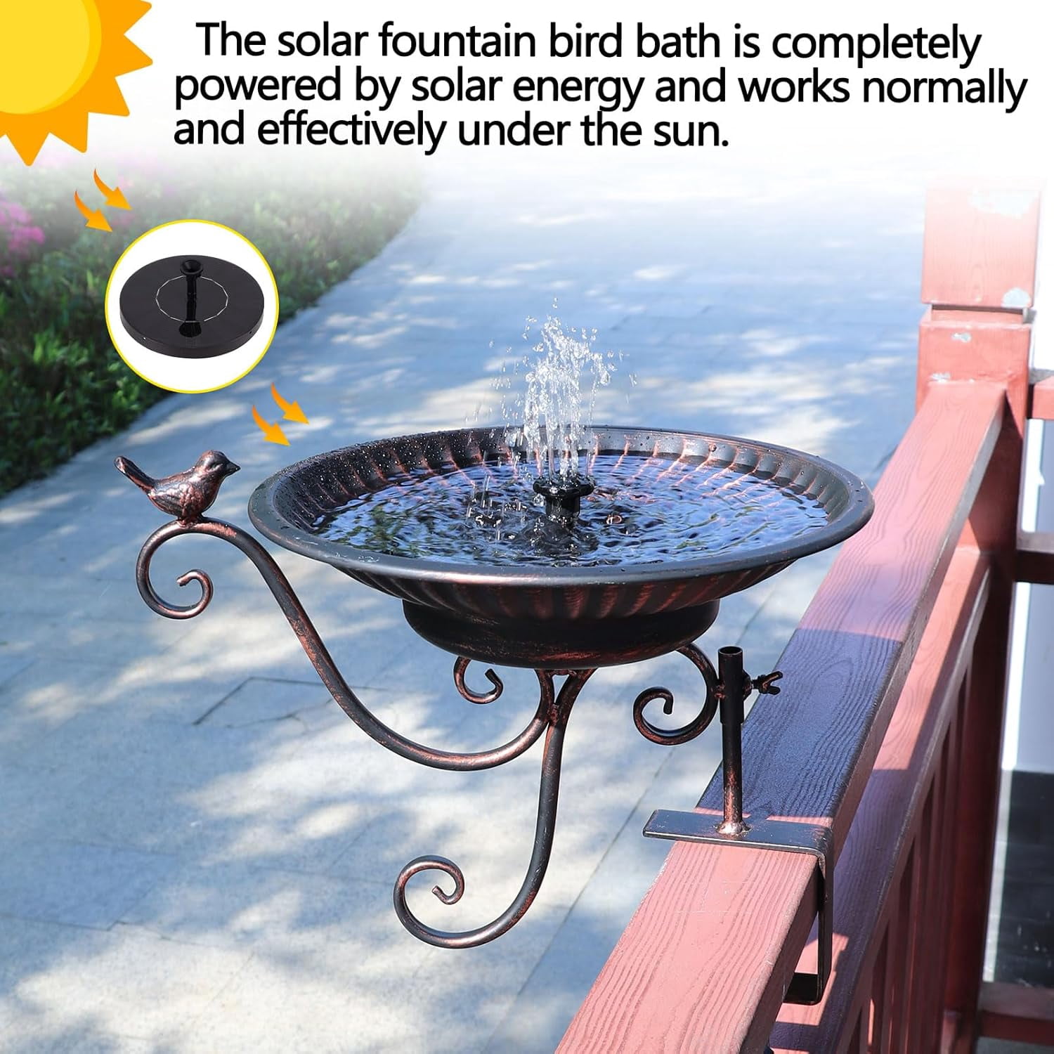 Solar Bird Bath,Deck Bird Bath with Solar Fountain,Metal Bird Bath Bubbler,Deck Mounted Bird Bath,Adjustable Sturdy Balcony Bird Bath,Patio Garden Decor（Bronze）