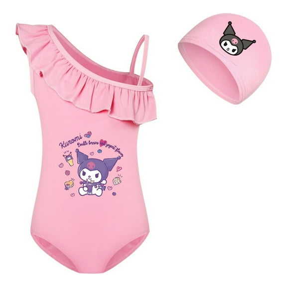 Toddler Kuromi Swimsuit Set with Cap – Kids Adorable One-Shoulder Cartoon Swimwear for Girls
