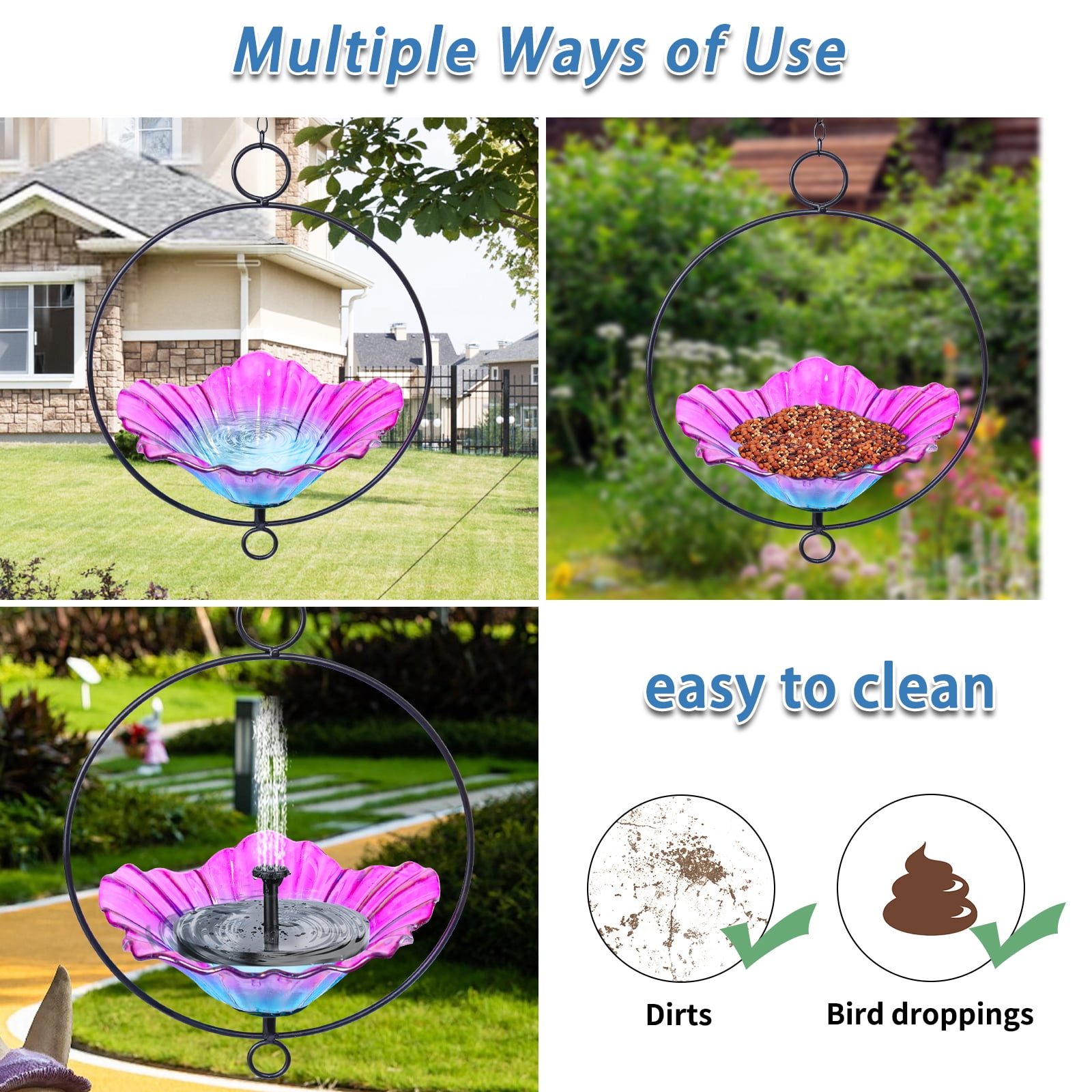 Outdoor Bird Bath,Hanging Glass Bird Bath Feeder with Metal Ring Frame–Colorful Flower-Shaped Birdbath,for Garden,Yard,Outdoor Decor