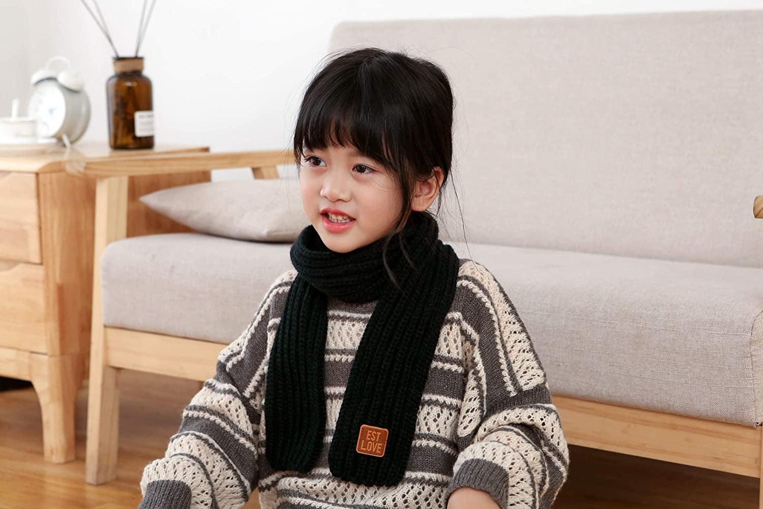 Black, one size fits for 2-6T Unisex Kids Thick Knitted Warp Scarf Children Boys Girls Solid Color Winter Neck Warmer Shawl 46.4 * 3.5