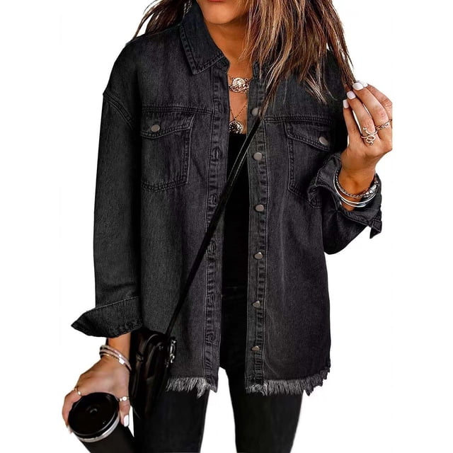Chaquetas y abrigos de mezclilla sin capucha de manga larga para mujer, blusa lisa de moda, abrigo de manga larga con bolsillos, cárdigan, blusa de poliéster para mujer