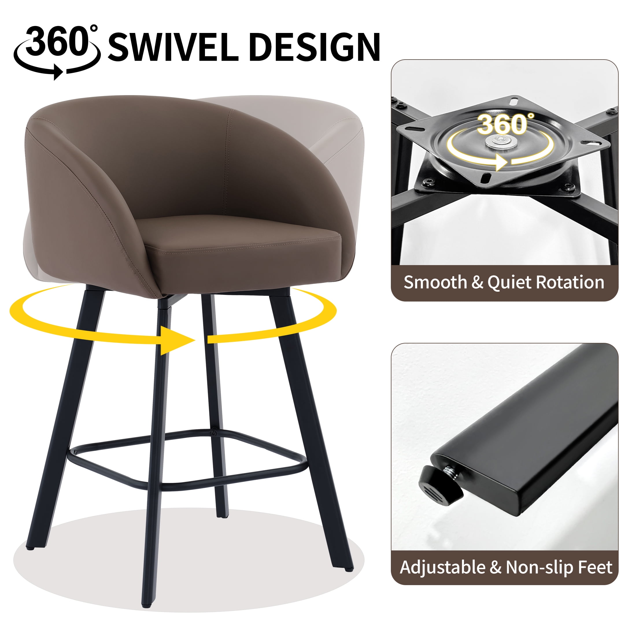 FIRAVOE Bar Stools Set of 2, Swivel Counter Height Bar Stools with Back & Arms (26") Faux Leather Bar Chairs for Kitchen Island, Coffee Brown