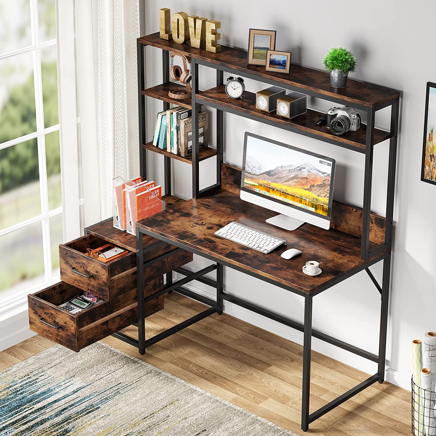 55 Inch Computer Desk with 2 Drawers and Storage Shelves, Rustic Office Desk with Hutch, Study Writing Gaming Table Laptop Workstation for Home Office (Brown)