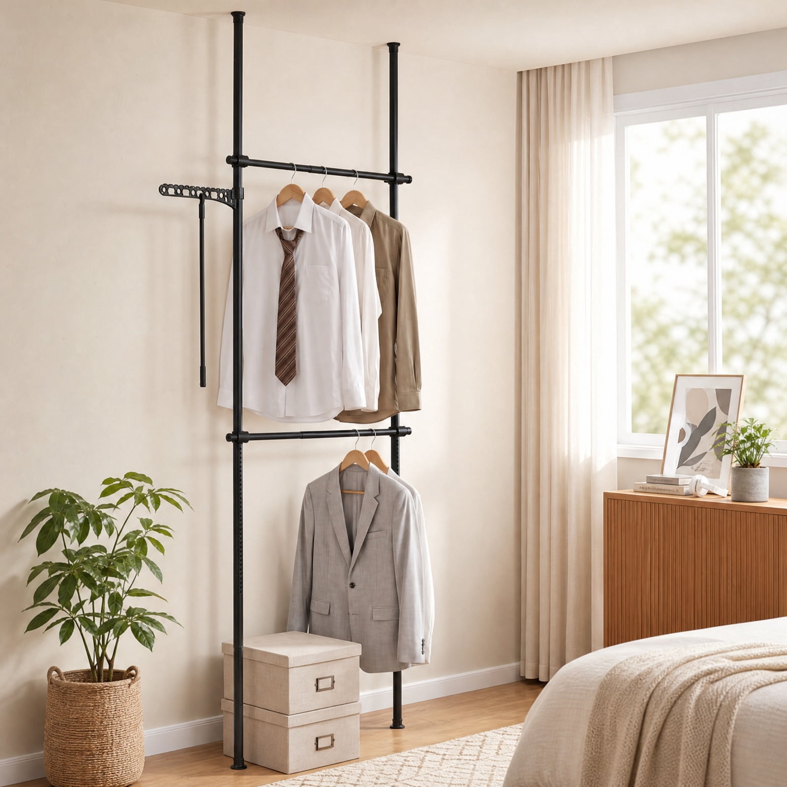 Furnibear Adjustable Floor to Ceiling Clothes Rack with 2 Hanging Rods Telescoping Garment Closet Organizer for Bedroom Entryway, Black