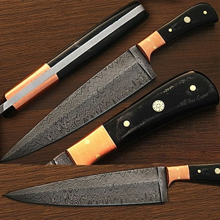 Handmade Damascus Copper Guard Chef Knife Buffalo Horn
