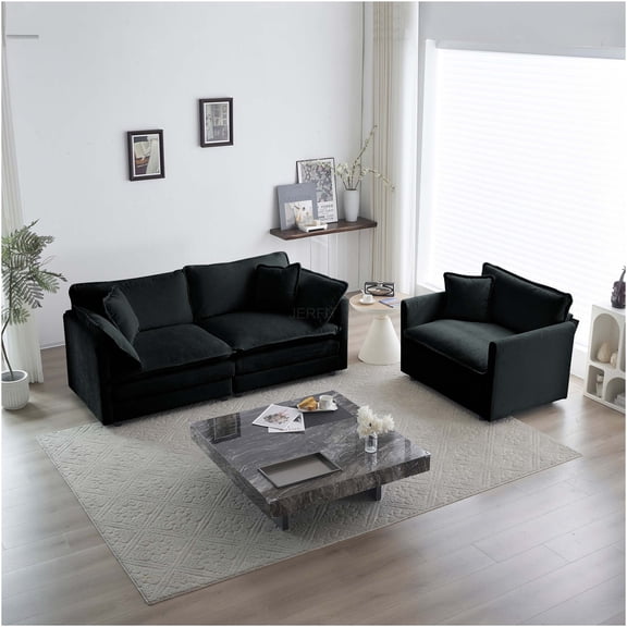 JERFIT Modern 2-Piece Loveseat and Accent Chair Set, Upholstered Chenille Sofa for Living Room, Black
