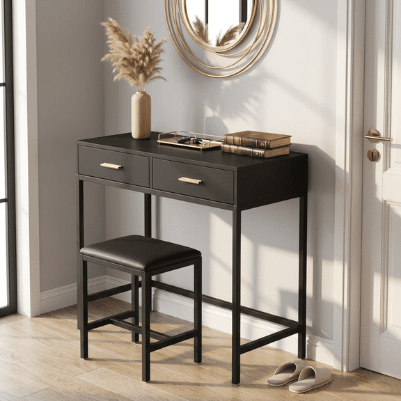 Teousev Industrial Black Console Table with Stool, 35" Entryway Desk with 2 Drawers, Slim Hallway Table