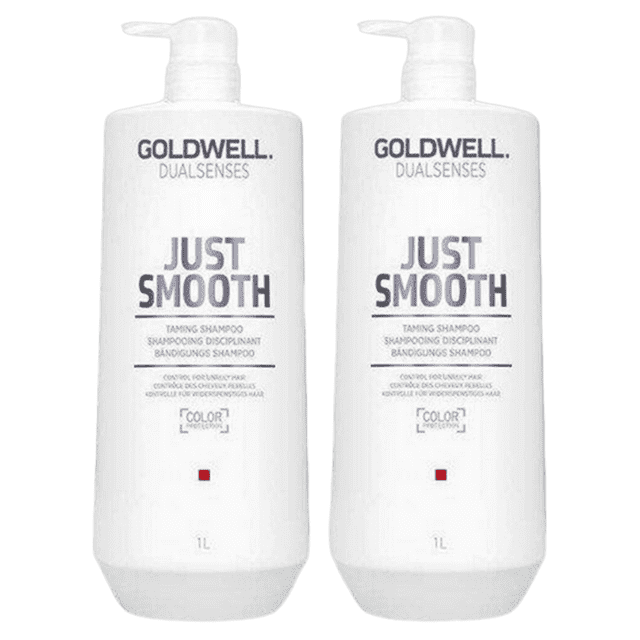 Goldwell DualSenses Just Smooth Shampoo and Conditioner Liter Duo, featuring two 1-litre bottles with pump dispensers. Designed for taming and smoothing frizzy hair, suitable for colour-treated hair. The bottles are white with bold black and grey text, showcasing the brand and product details.
