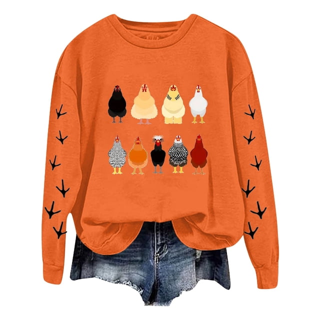 LUOGENLI Chandail pour Femmes, Paquet Surdimensionné, Chandails à Manches Longues à Col Rond pour Femmes, Chandail à Enfiler Imprimé Poulet, Chandails Légers et Amples, Haut de Chandail pour Femmes à Col Rond, Orange, Taille P