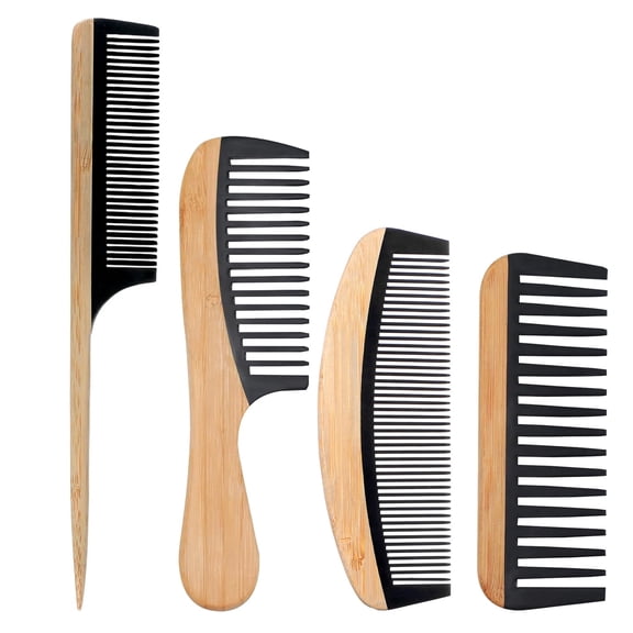 OPALESQUE 4 Pcs Bamboo Comb Set,Natural Wooden Detangling Combs, Rat Tail / Fine / wide tooth Combs, for Curly/Wet/Thick Hair, Anti-Static ,Styling Tool for Women Men