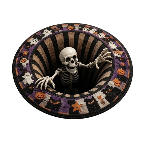 Halloween 3D Optical Illusion Rug 23.62 Inch, Ghost Skeleton Vortex Circular Mat with Spooky Depth Design, Non Velvet Floor Carpet for Bedroom Living Room