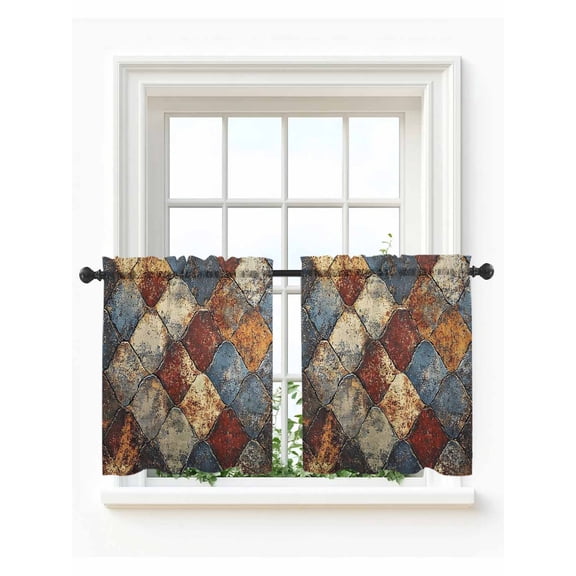 Brown Gray Plaid Tier Curtains 36 Inch Length,Sheer Curtains for Bedroom Living Room Window Country Abstract Gradient Chic Check Small Half Window Kitchen Curtains & Drapes 27.5"x36" 2 Panels
